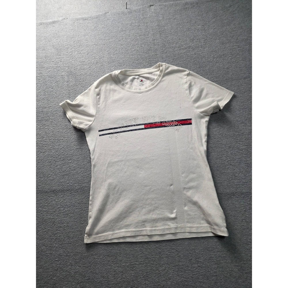 Tommy Hilfiger Womens White Graphic Logo T-Shirt Short Sleeve Crew Neck Large